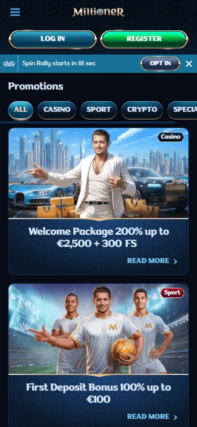 Millioner Casino mobile promotions area with bonuses and reward offers