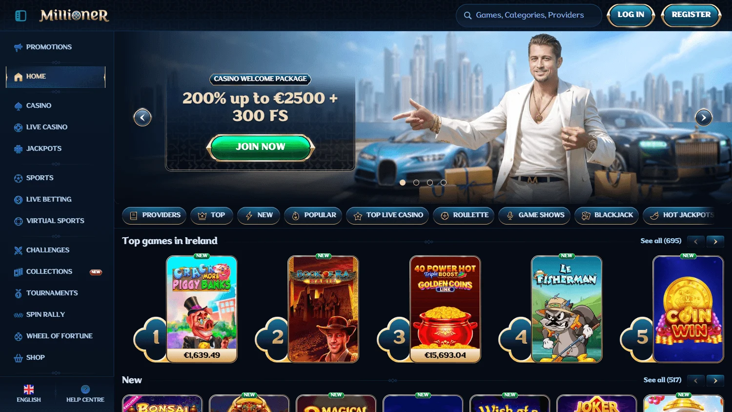 Millioner Casino desktop home showing the casino and betting platform