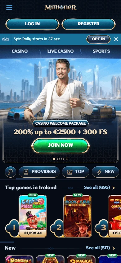 Millioner Casino responsive mobile home for iOS and Android browsers