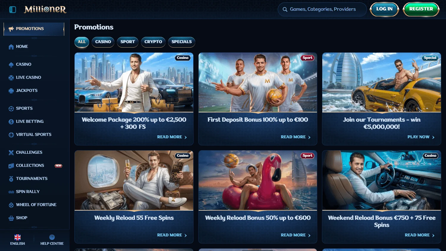 Millioner Casino desktop promotions area with casino offers and rewards