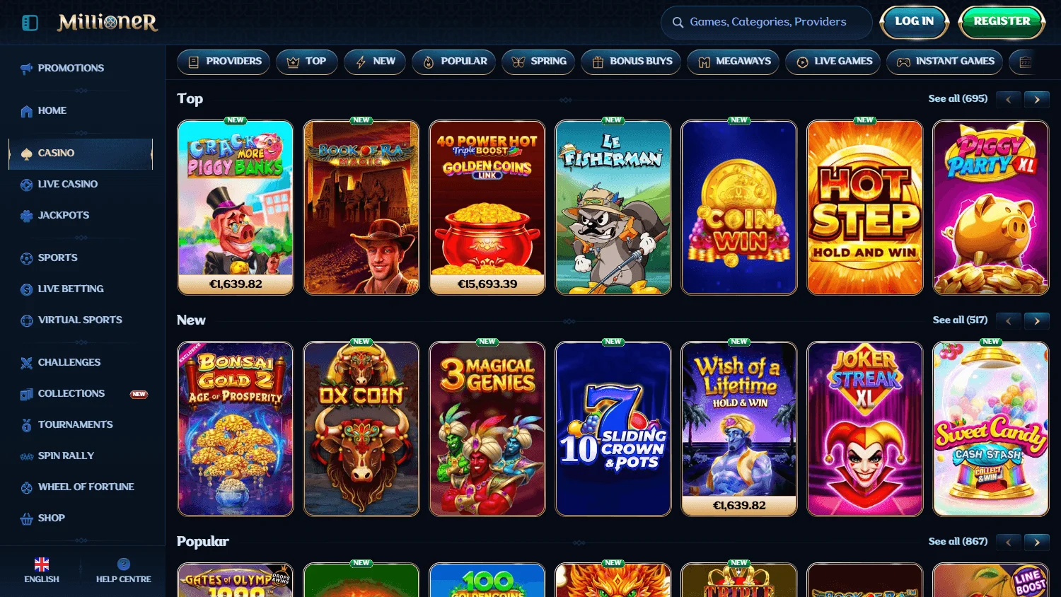 Millioner Casino desktop games area with casino and live game choices