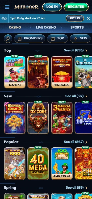 Millioner Casino mobile games area with pokies and casino titles